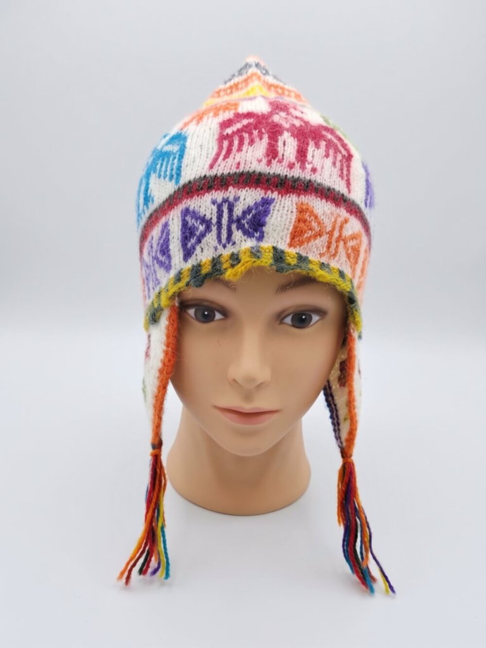Hand-Knitted Andean Sheep's Wool Chullo Beanie with Condor Design